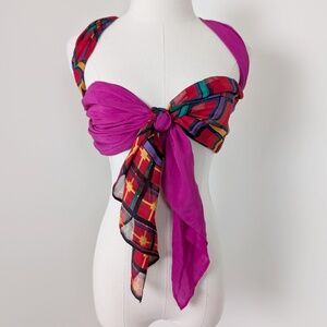 90s Plaid Scarf Abstract Rectangular Sheer Primary Colours Grid Tartan